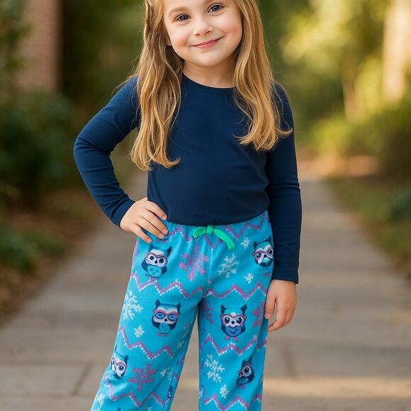 St. Eve Girls Lounge Pants Size 10 Snowflakes Owls Blue Pink Pajama Fleece - Picture 1 of 7